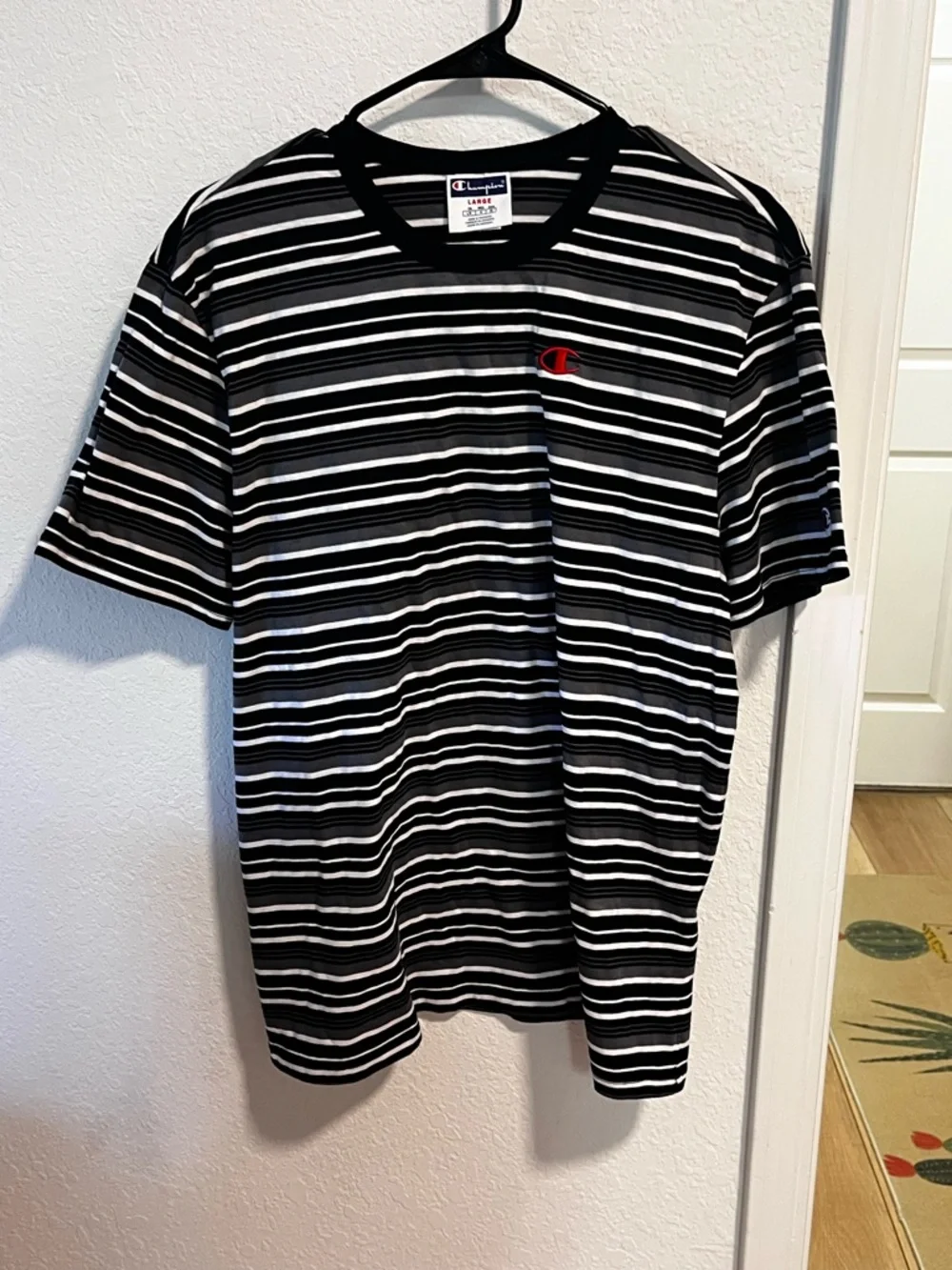 Champion Striped Crewneck Tee in Black, White & Gray with Red Logo - Picture 5 of 5